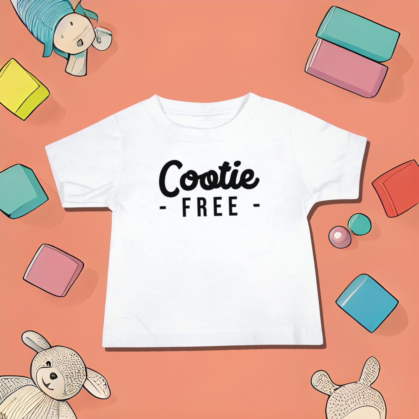 White baby t-shirt with "Cootie - FREE -" text on a reddish-orange background with toy illustrations. A funny humorous baby t-shirt design playing on the idea of cooties, making it a unique baby shower gift from Born Brash.