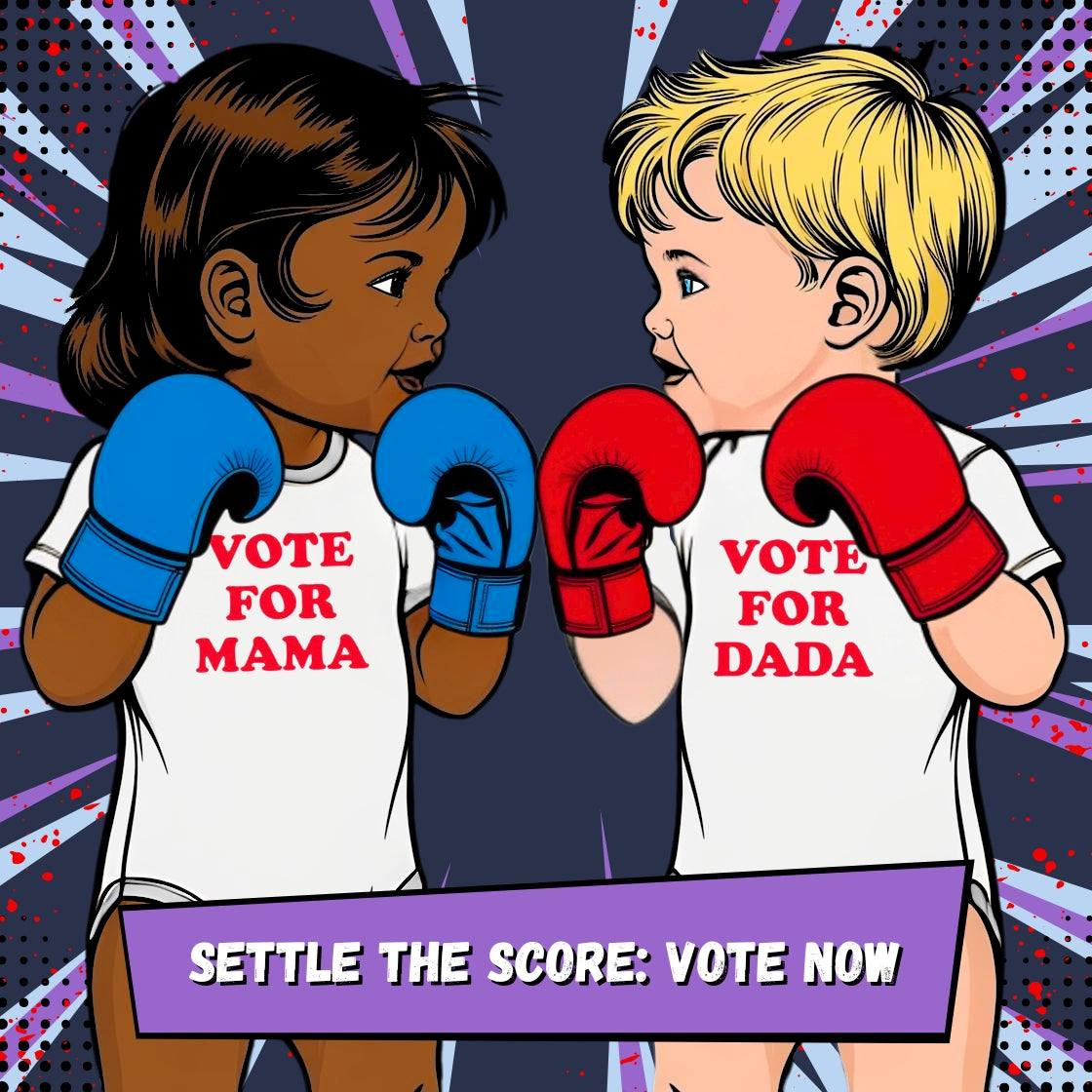 Comic illustration of two babies wearing boxing gloves and "VOTE FOR MAMA" and "VOTE FOR DADA" bodysuits in a boxing ring. A funny humorous baby clothes illustration representing the "Mama vs Dada" theme, perfect as a unique baby shower gift for new parents from Born Brash.
