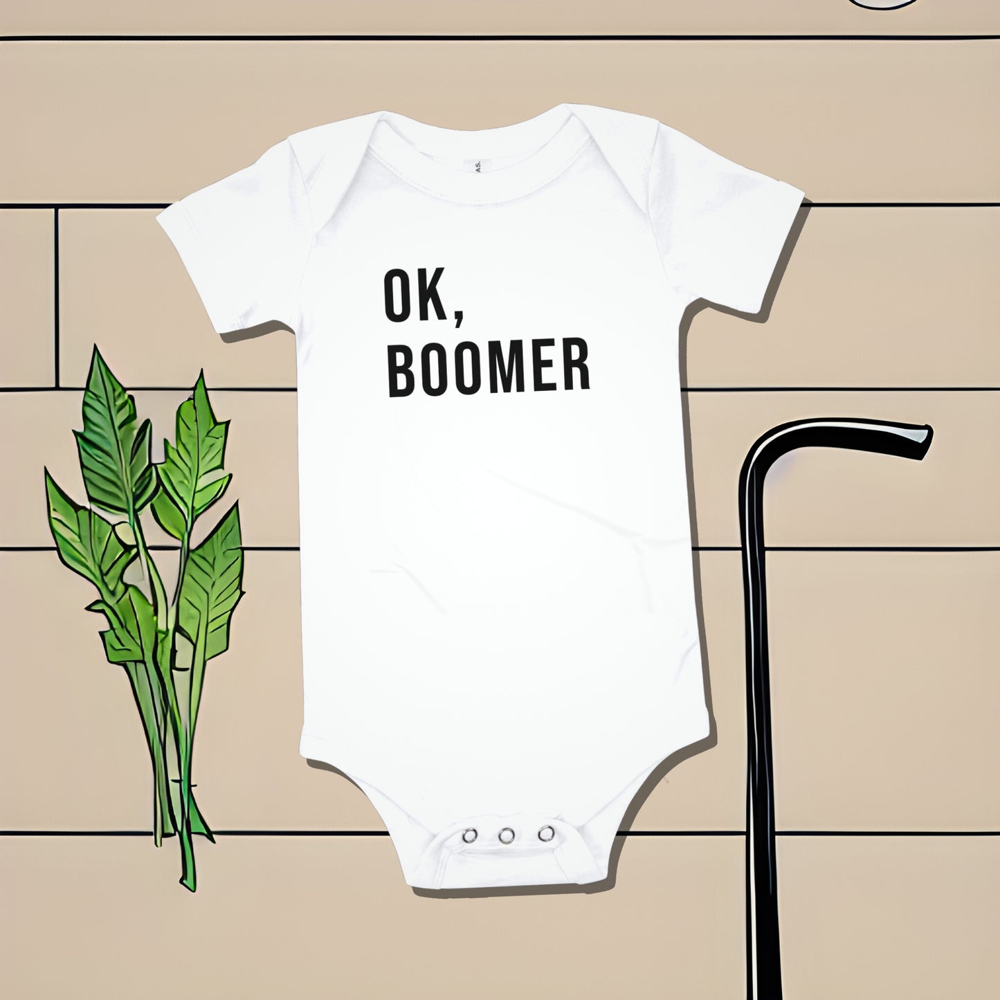 White baby bodysuit with "OK, BOOMER" text on a tiled background with plant and cane illustrations. A funny sarcastic humorous baby clothes design and bold statement from Born Brash.