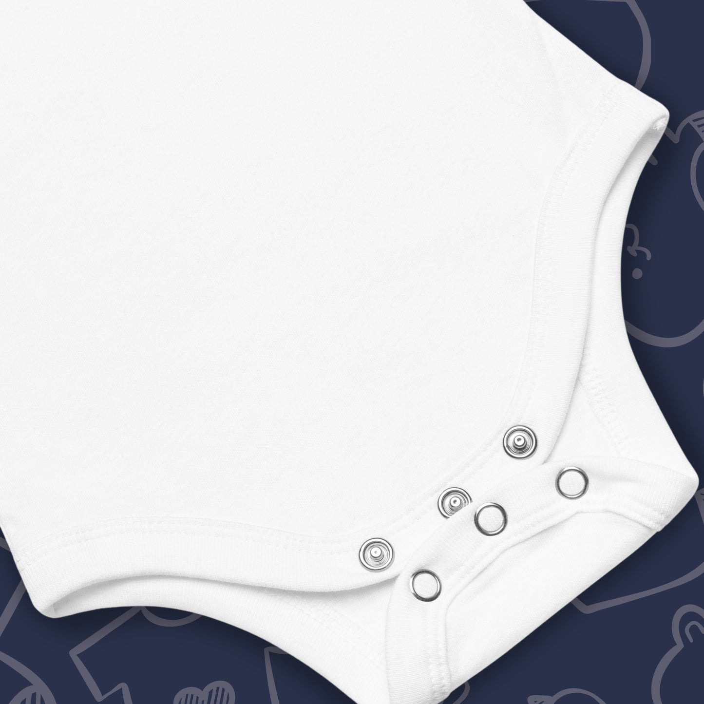 Close up image baby bodysuit snap closure against a whimsical, blue backdrop of baby toys, funny baby bodysuits, and baby bottles. Ideal for showcasing the bodysuit details and quality.