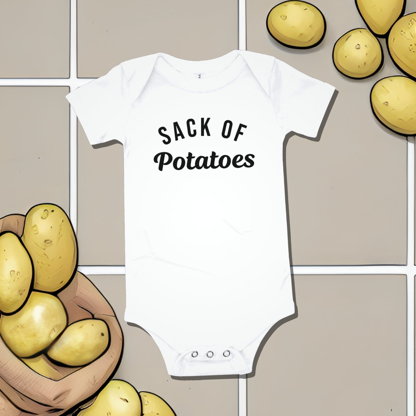 White baby bodysuit with "SACK OF Potatoes" text, surrounded by illustrations of potatoes. A funny humorous and relatable baby clothes design from Born Brash.
