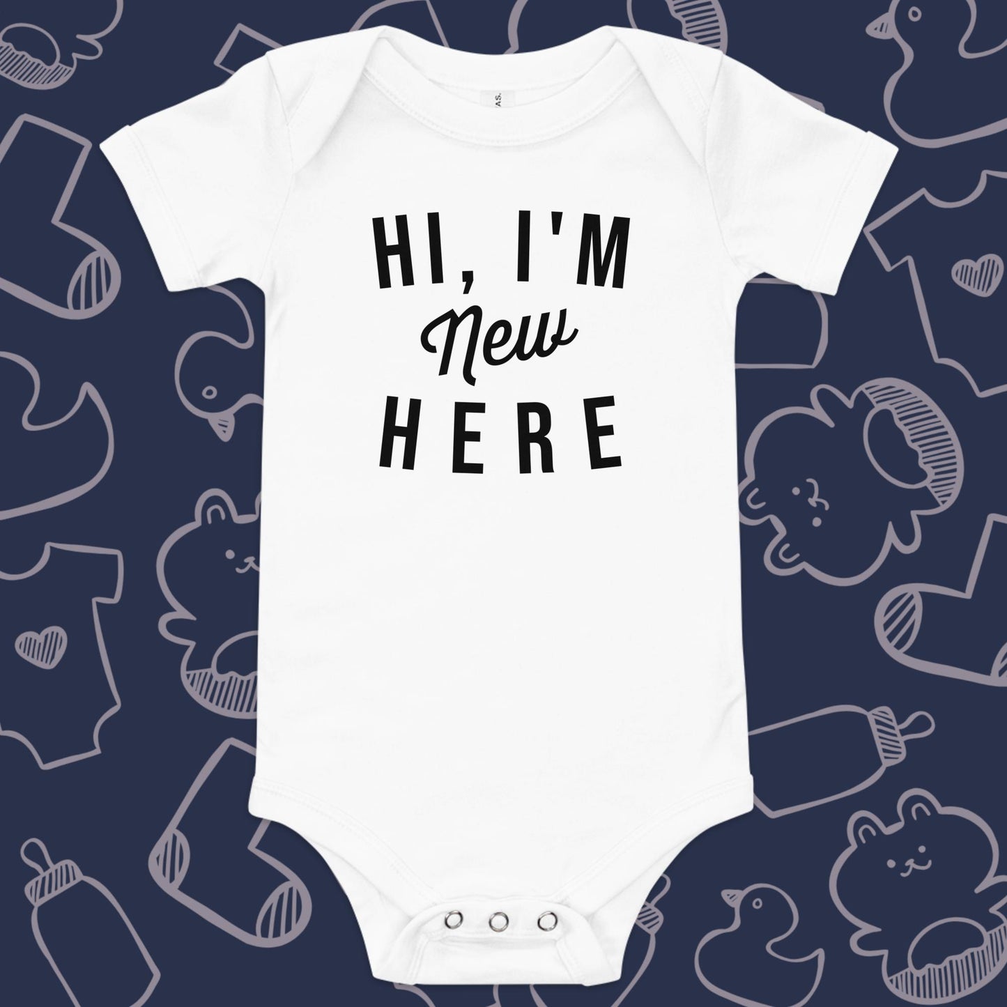 Funny, white baby onesie featuring the playful text "HI, I'M NEW HERE" against a whimsical, blue backdrop of ducks, socks, stuffed animals, baby bodysuits, and bottles