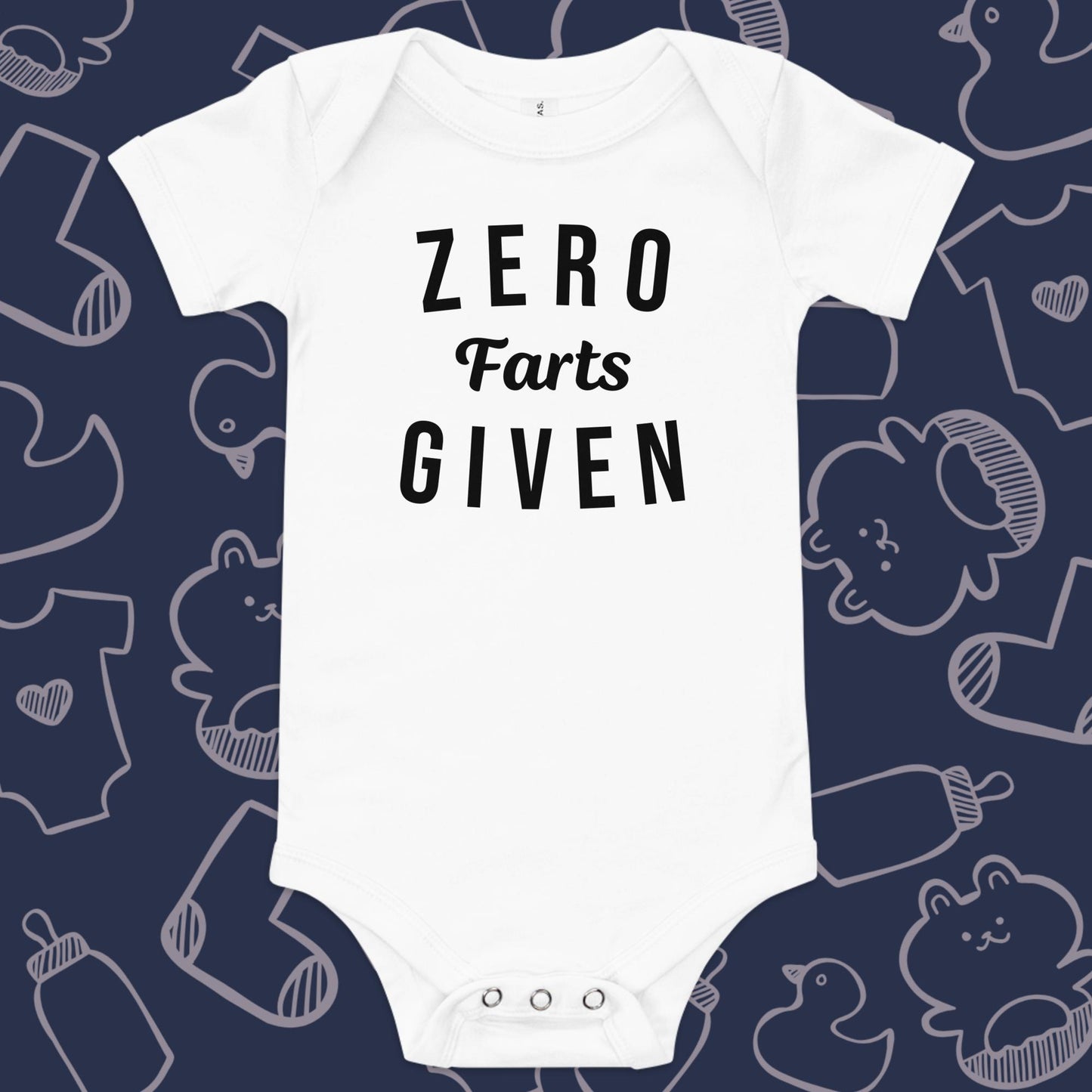 Funny, white baby onesie featuring the playful text "ZERO FARTS GIVEN" against a whimsical, blue backdrop of ducks, socks, stuffed animals, baby bodysuits, and bottles