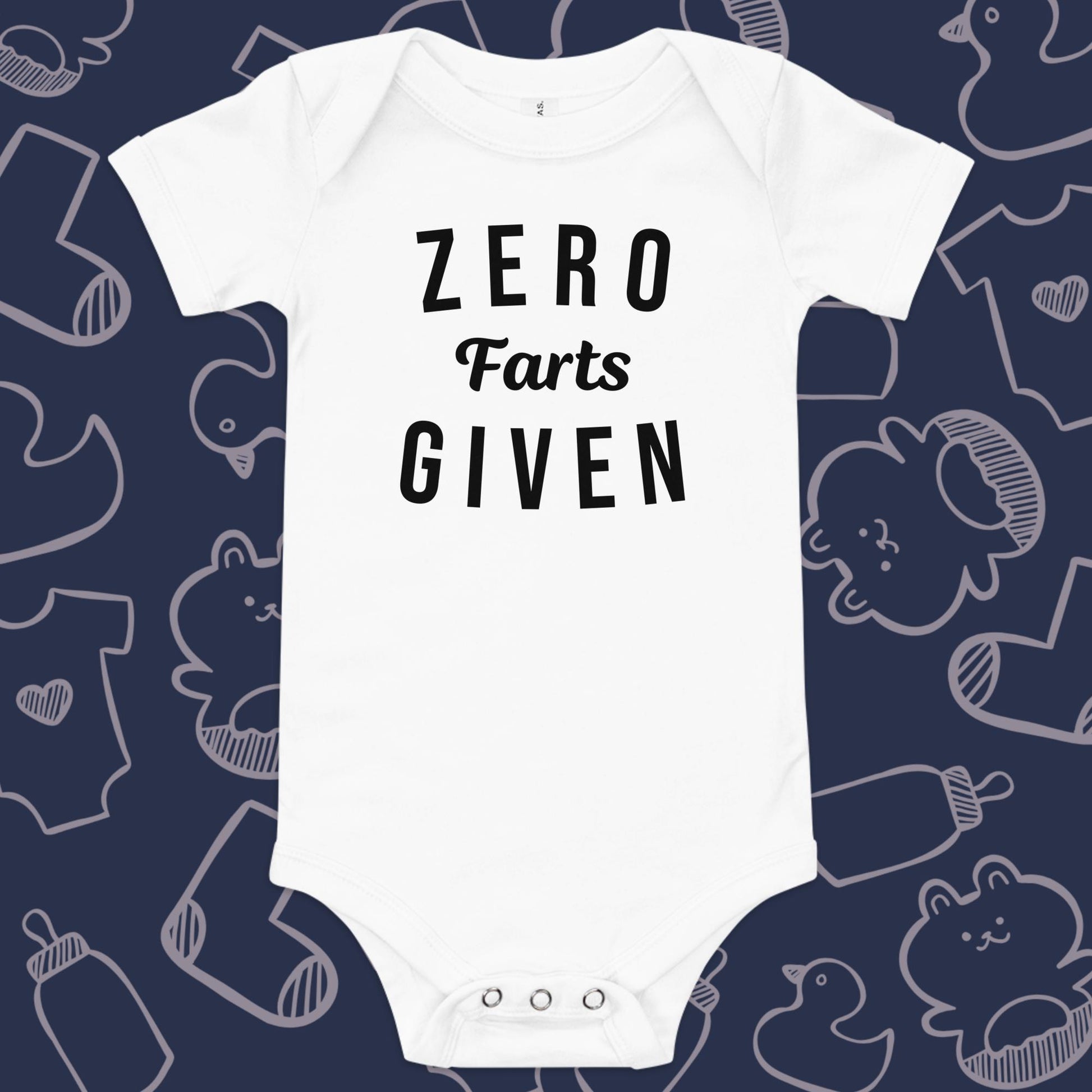 Funny, white baby onesie featuring the playful text "ZERO FARTS GIVEN" against a whimsical, blue backdrop of ducks, socks, stuffed animals, baby bodysuits, and bottles