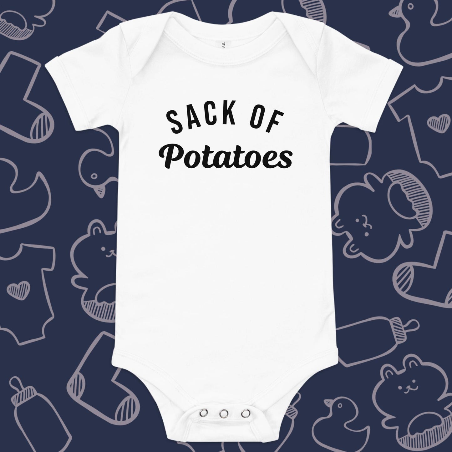 Funny, white baby bodysuit featuring the playful text "Sack of Potatoes" against a whimsical, blue backdrop of baby toys, bodysuits, and bottles.