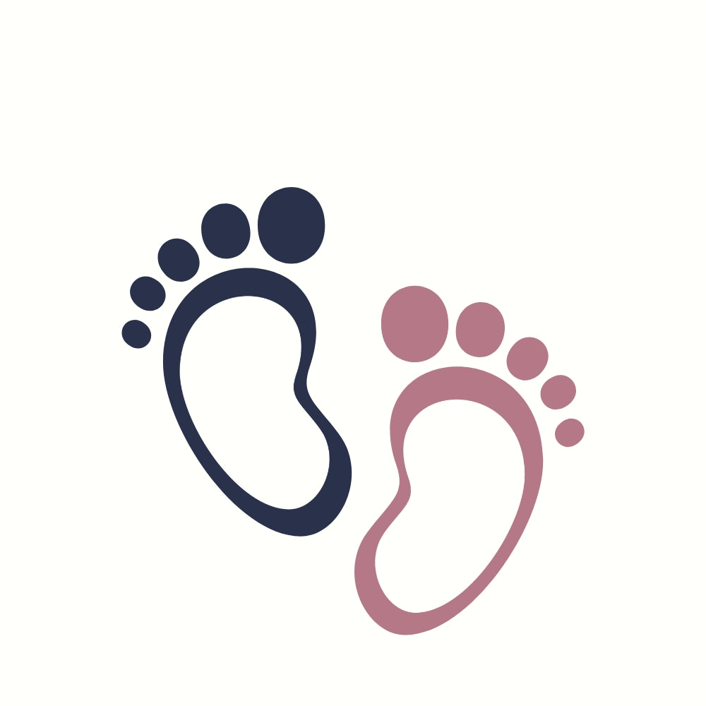 Simple icon of two baby footprints representing the "Bold Beginnings" benefit badge for Born Brash's attitude baby clothes that help little ones make a bold start and are perfect unique baby shower gifts.
