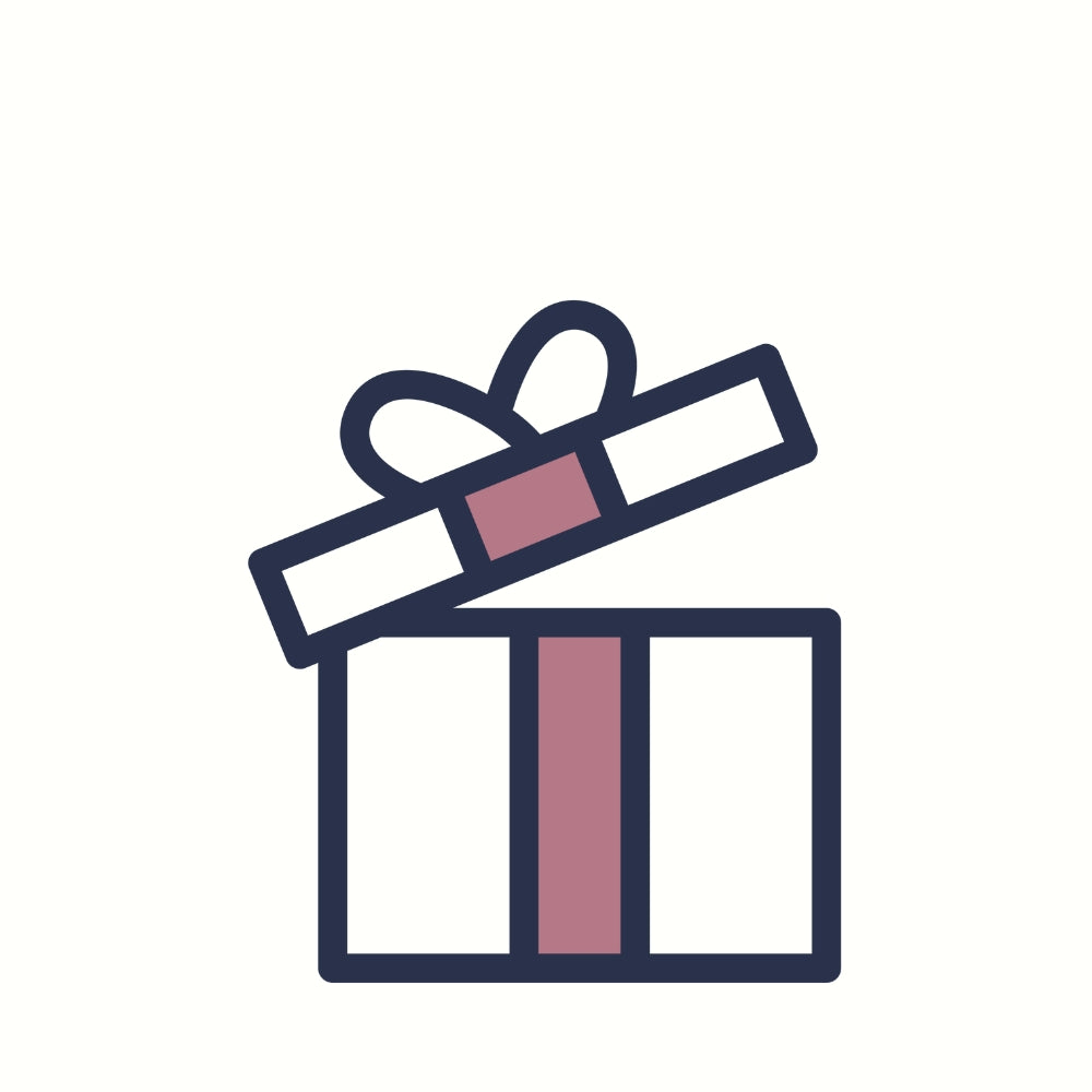 Simple icon of an opened gift box with a ribbon representing the "One-of-a-Kind Gift" benefit badge for Born Brash's hilarious baby bodysuits that are perfect unique baby shower gifts.