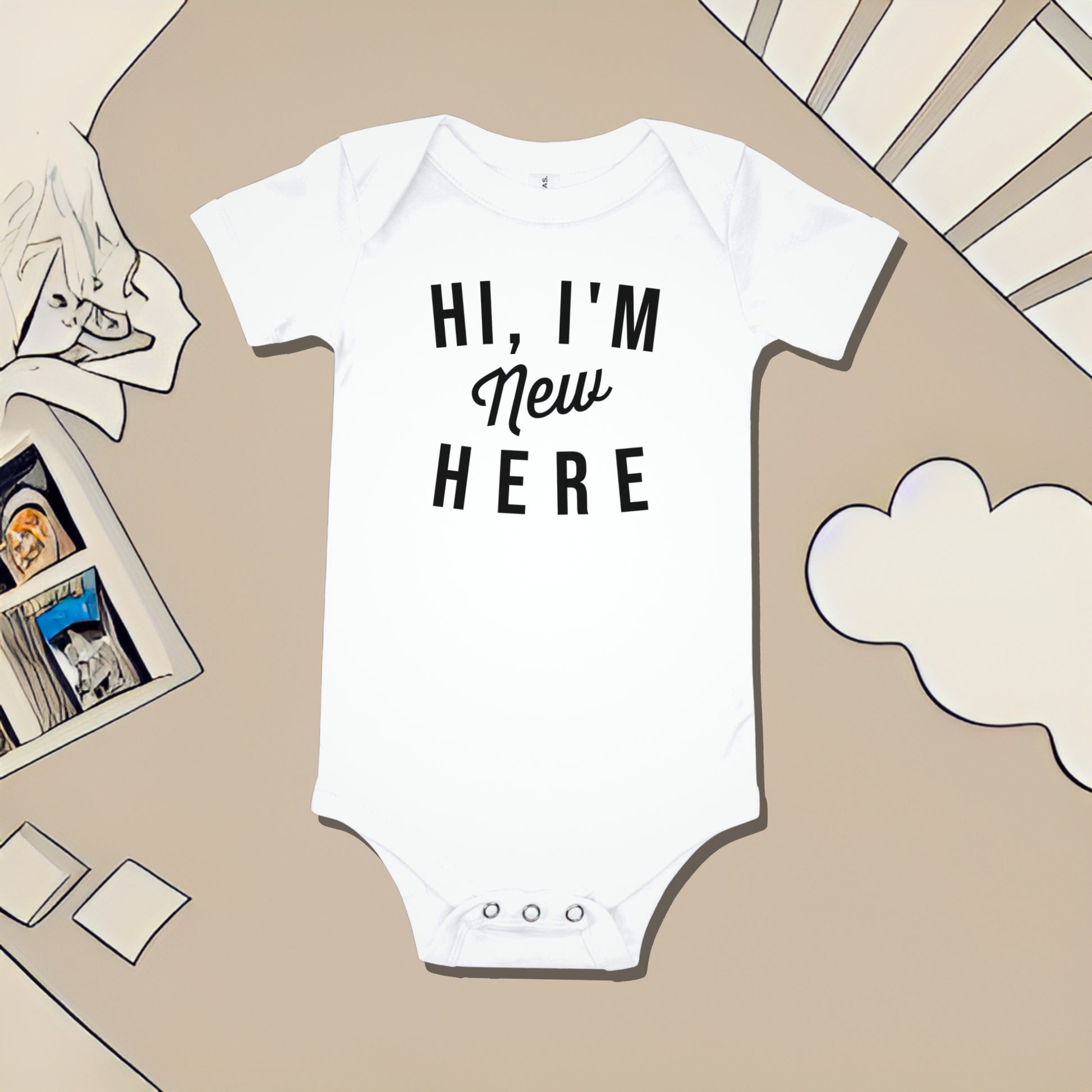 White baby bodysuit with "HI, I'M New HERE" text on a beige background with nursery illustrations. A funny humorous baby clothes design for a new arrival or baby shower gift from Born Brash.