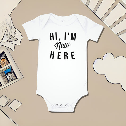 White baby bodysuit with "HI, I'M New HERE" text on a beige background with nursery illustrations. A funny humorous baby clothes design for a new arrival or baby shower gift from Born Brash.