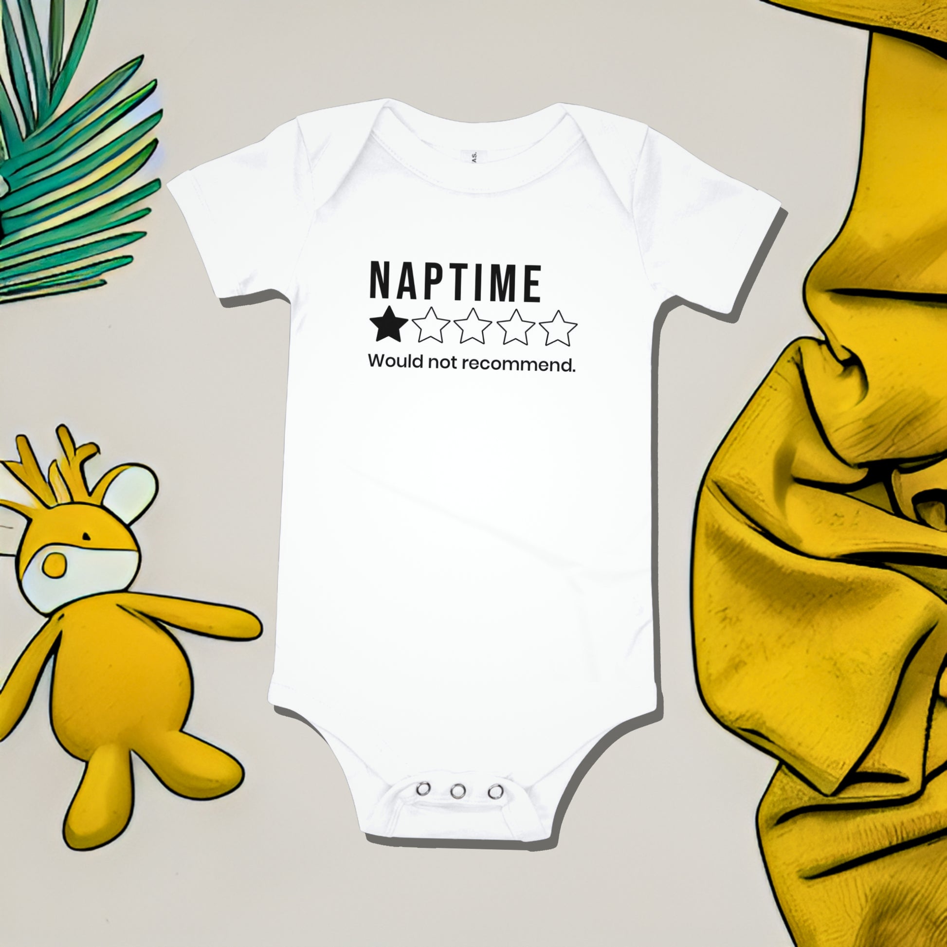 White baby bodysuit with "NAPTIME" 1-star review graphic and "Would not recommend." text. A funny humorous and relatable baby clothes design about naptime struggles from Born Brash.