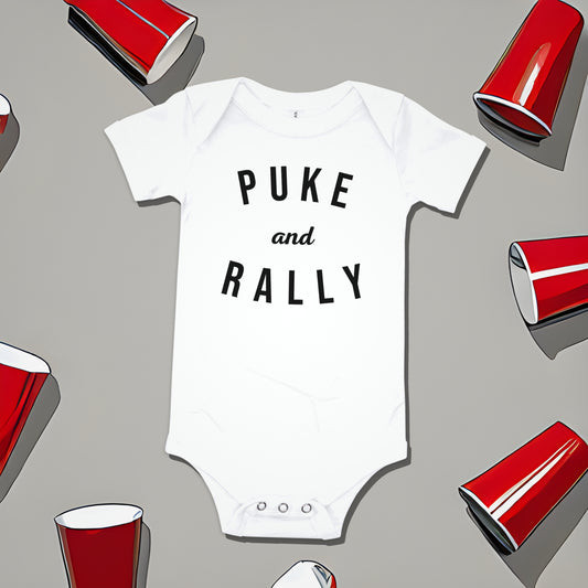 White baby bodysuit with "PUKE and RALLY" text on a gray background with red party cup illustrations. A funny humorous and relatable baby clothes design about messy baby life, a great baby shower gift from Born Brash.