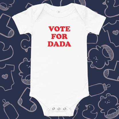 Funny, white baby bodysuit featuring the playful text "Vote for Dada" against a whimsical, blue backdrop of baby toys, bodysuits, and bottles.