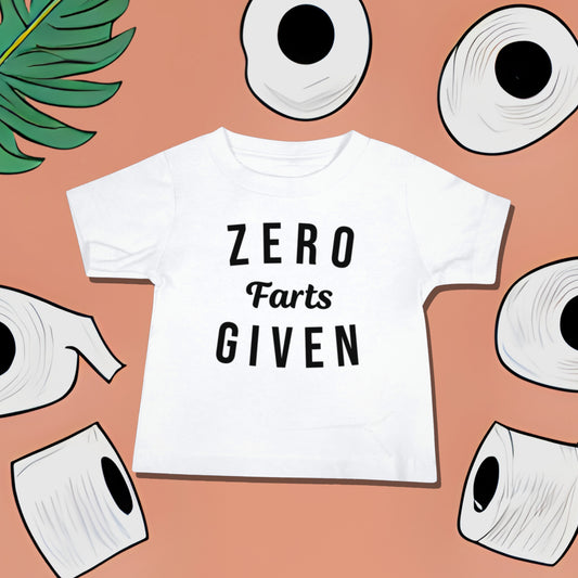 White baby t-shirt with "ZERO Farts GIVEN" text on a reddish-orange background with toilet paper and palm leaf illustrations. A funny humorous irreverent baby t-shirt design about farts and not caring, making it a great baby shower gift from Born Brash.