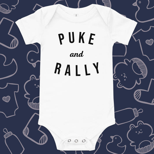 Puke and Rally Onesie - Product Shot - Funny Baby Onesie - Cute Baby Onesie - Boy Baby Onesie - Girl Baby Onesie - Newborn Onesie - Baby Shower Gift - Baby Gift - Newborn Gift