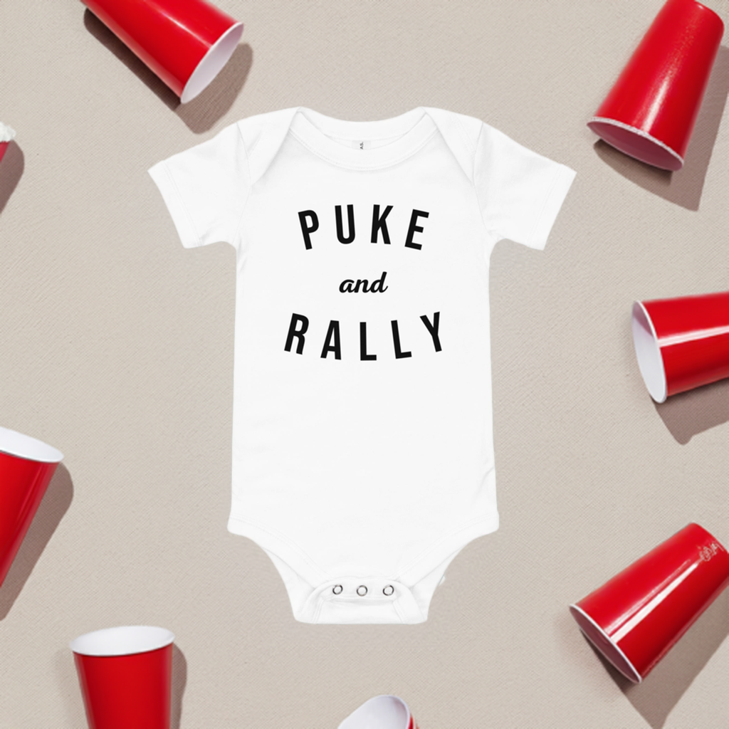 Puke and Rally Onesie - Lifestyle Shot - Funny Baby Onesie - Cute Baby Onesie - Boy Baby Onesie - Girl Baby Onesie - Newborn Onesie - Baby Shower Gift - Baby Gift - Newborn Gift