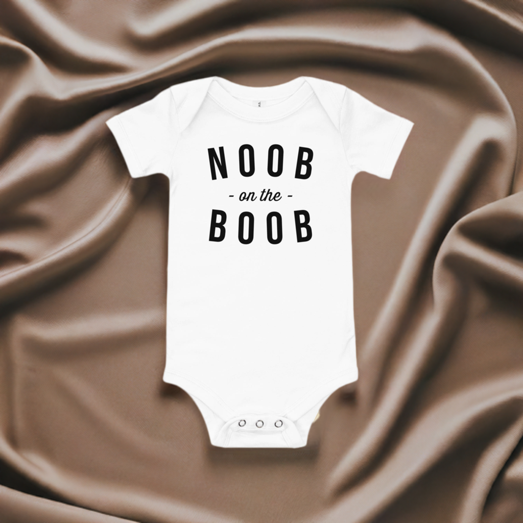 Noob on the Boob Onesie - Lifestyle Shot - Funny Baby Onesie - Cute Baby Onesie - Boy Baby Onesie - Girl Baby Onesie - Newborn Onesie - Baby Shower Gift - Baby Gift - Newborn Gift