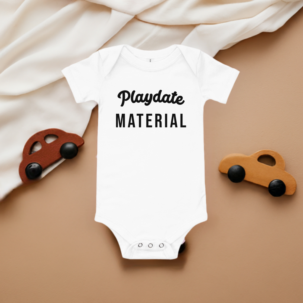 Playdate Material Onesie - Lifestyle Shot - Funny Baby Onesie - Cute Baby Onesie - Boy Baby Onesie - Girl Baby Onesie - Newborn Onesie - Baby Shower Gift - Baby Gift - Newborn Gift